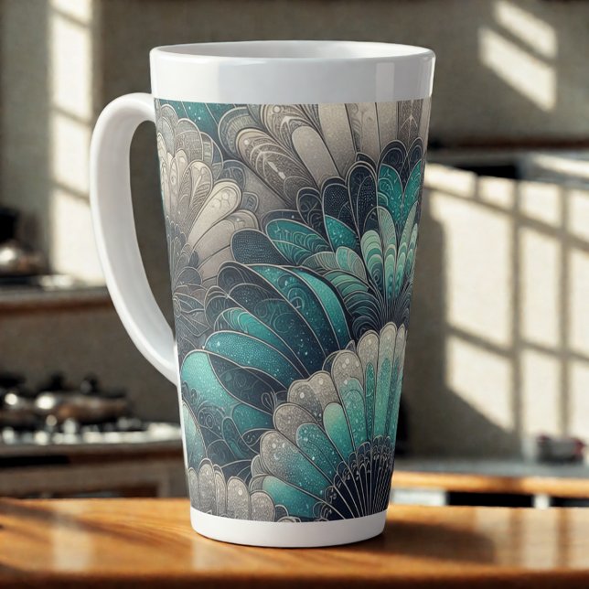Caneca De Café Latte Vintage Art Nouveau Blue Silver Fans (Criador carregado)