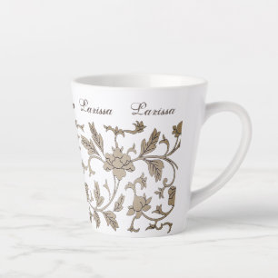 Caneca De Café Latte Vintage Dourado Chinoiserie Nome Personalizado Flo