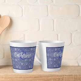 Caneca De Café Latte Vintage Inspirou o Floral de Latão Azul Elegante