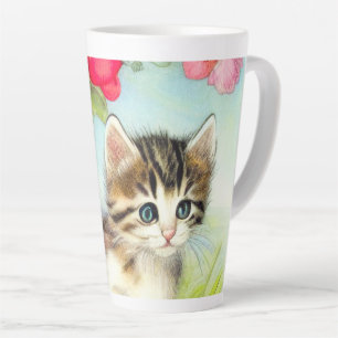 Caneca De Café Latte Vintage White e Brown Kitten com Flores