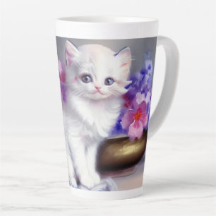 Caneca De Café Latte Vintage White Kitten com Flores Rosa e Púrpura