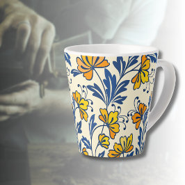 Caneca De Café Latte Vintage Yellow Orange Folk Floral Blue Leaf