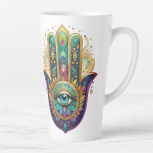 Caneca De Café Latte Violeta Verde Pétalas de Ouro Hamsa Turquesa Terce