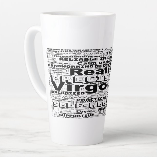 Caneca De Café Latte Virgo Zodiac Word Cloud Inspiração (Ângulo esquerdo)