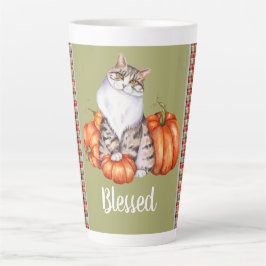 Caneca De Café Latte Watercolor Cat e Pumpkins abençoados Ação de Graça
