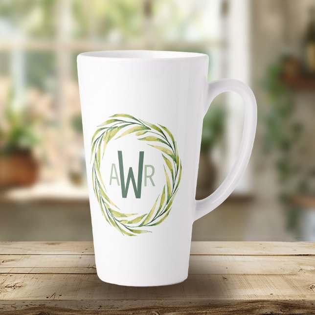 Caneca De Café Latte Watercolor Greenery Frame Monograma ID667 (Criador carregado)