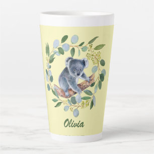 Caneca De Café Latte Watercolor Koala e Eucalyptus Wreath  