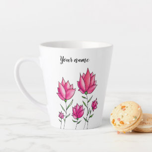 Caneca De Café Latte Watercolor Pink Flowers Girly Name