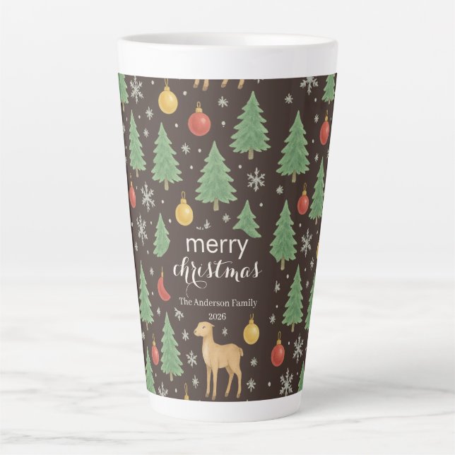 Caneca De Café Latte Watercolor Reindeer & Christmas Tree -  (Frente)