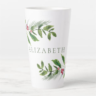 Caneca De Café Latte Watercolor Winter Greenery Modern Christmas