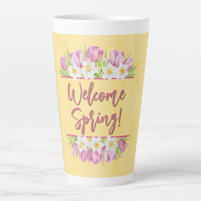Caneca De Café Latte Welcome Spring Tulip and Daffodil (Frente)