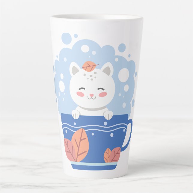 Caneca De Café Latte Whimsical Starry Kitten Blue Teacup Latte Mug (Frente)