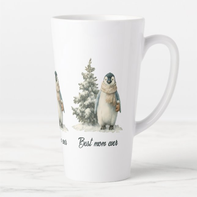 Caneca De Café Latte Winter Penguin “Best Mom Ever” Design (Direita)