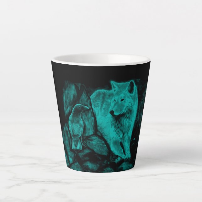 Caneca De Café Latte Wolf e Raven na Noite (Frente)