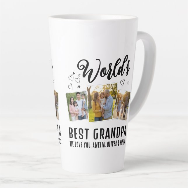 Caneca De Café Latte World's Best Grandpa Custom 3 Photo Collage (Ângulo direito)