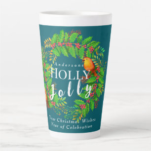 Caneca De Café Latte Wreath Holly Jolly Family Dark Teal