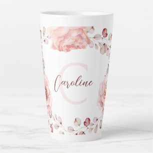 Caneca De Café Latte Wreath Rosa de Aquarela Personalizada   Branca