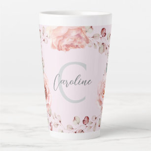 Caneca De Café Latte Wreath Rosa de Aquarela Personalizada Cor de Ros