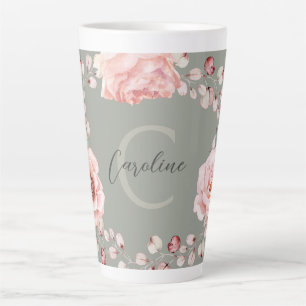 Caneca De Café Latte Wreath Rosa de Aquarela Personalizada Sage Green