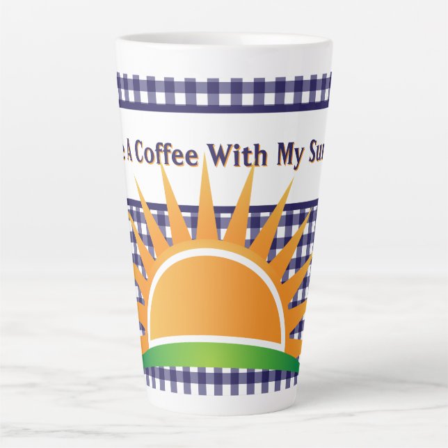 Caneca De Café Latte Xadrez Azul e Sol  (Frente)