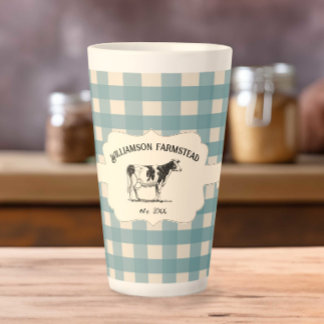 Caneca De Café Latte Xadrez de búfalo azul Vaca de Fazenda Latino
