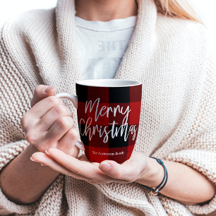 Caneca De Café Latte Xadrez de Buffalo Vermelho e Feliz Natal  Nome pes