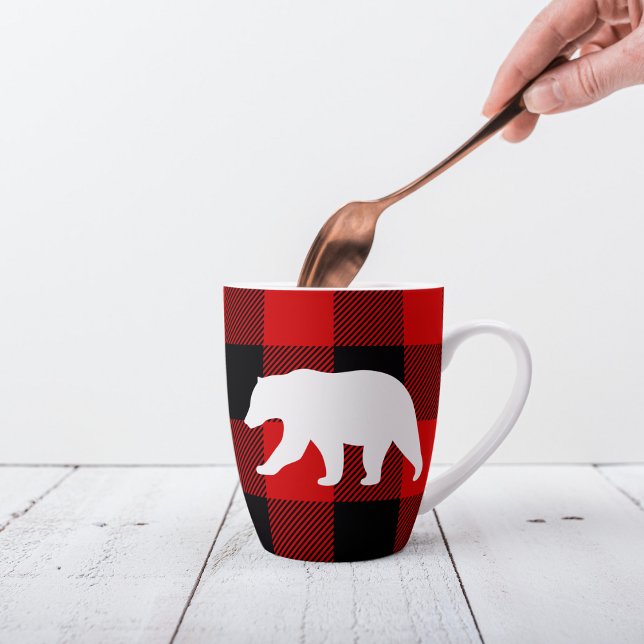 Caneca De Café Latte Xadrez de Buffalo Vermelho e Urso Branco (Criador carregado)