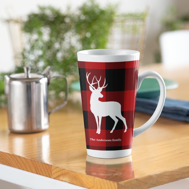 Caneca De Café Latte Xadrez de Buffalo Vermelho e Veado Branco | Nome p (Criador carregado)