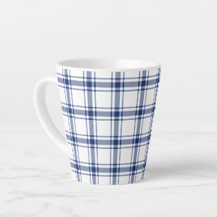 Caneca De Café Latte Xadrez náutico azul e branco