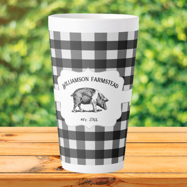 Caneca De Café Latte Xadrez Negra Fazenda Porco (Black Buffalo Plaid Farm Pig Personalized Latte Mug)