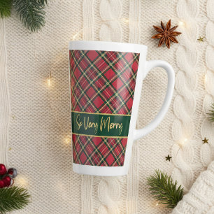 Caneca De Café Latte Xadrez Vermelha de Tartan Feriado Dourada Tão Feli