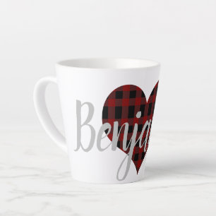 Caneca De Café Latte Xadrez Vermelha Elegante de Coração Negra Tartan