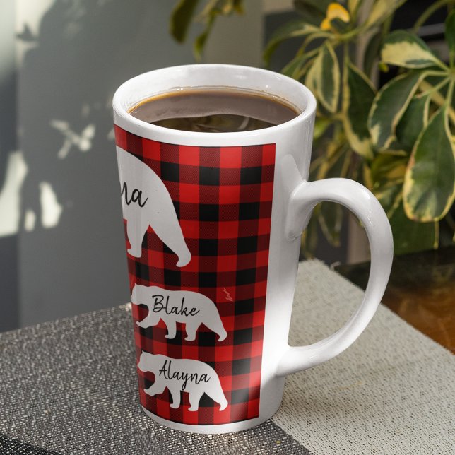 Caneca De Café Latte Xadrez Vermelha Moderna E Urso Branco Da Mãe (Criador carregado)