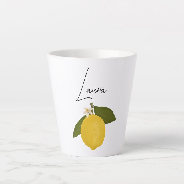 Caneca De Café Latte Yellow Lemon with Green Leaves | Fresh Citrus  (Frente)