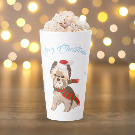 Caneca De Café Latte Yorkie De Natal Adorável Em Santa Hat Flocos De Ne