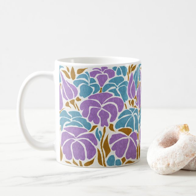 Caneca De Café Lavanda Estilizada De abstrato E Floral Azul (Com Donut)
