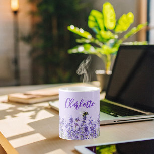 Caneca De Café Lavanda florals name script elegant