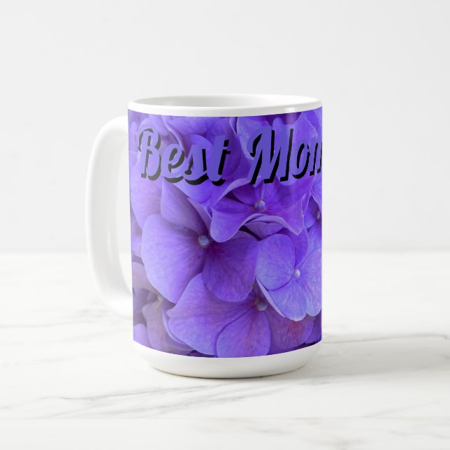Caneca De Café Lavanda lilás púrpura Hydrangeas flores melhor mãe (Frente Esquerda)