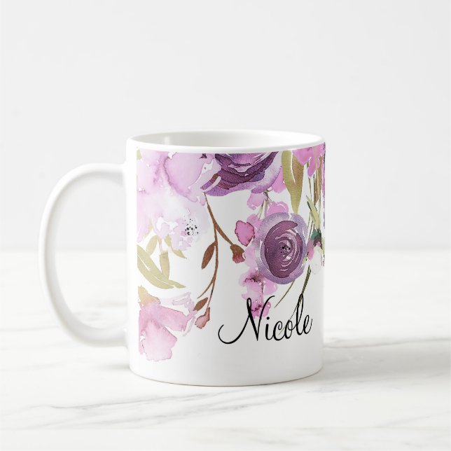 Caneca De Café Lavanda Roxa Lilac Aquarela Chic Floral (Esquerda)