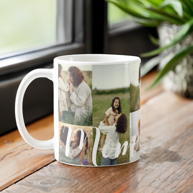 Caneca De Café Layout Personalizado da Grade de Fotografias da Mã (Elegant Script Mom Photo Grid Layout Personalized Coffee Mug)