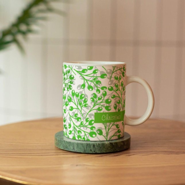Caneca De Café Leafy Green Pattern Modern Elegant Nome Personaliz (Criador carregado)
