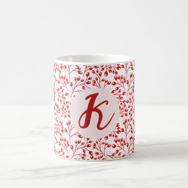 Caneca De Café Leafy Red Pattern Modern Elegant Monogrammed (Centro)
