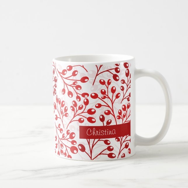 Caneca De Café Leafy Red Pattern Modern Elegant Nome Personalizad (Direita)