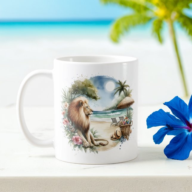 Caneca De Café Leão de Aquarela de Verão na praia (Criador carregado)