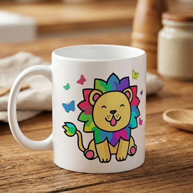 Caneca De Café Leão Kawaii Sorridente Fofo com Borboletas Cartoon (Cute smiling Kawaii Lion with Butterflies Cartoon. Coffee Mug)