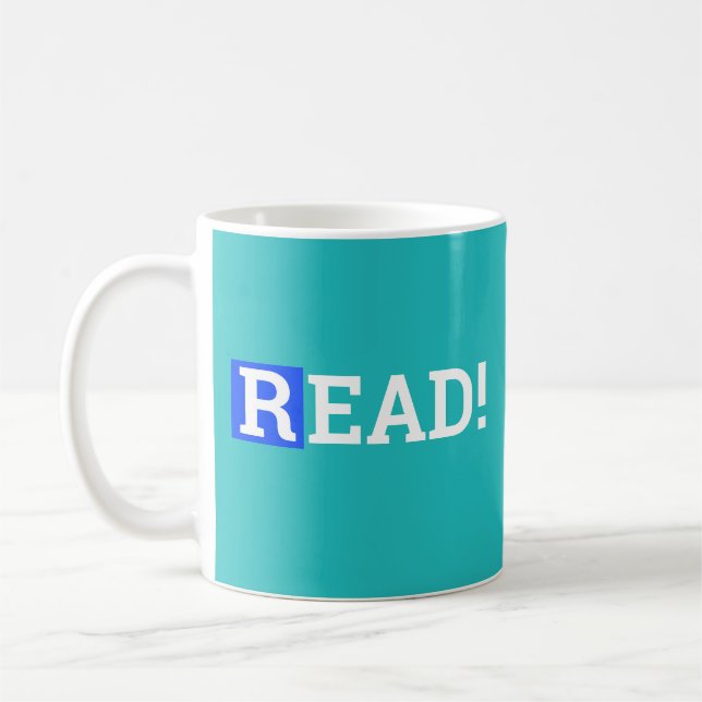 Caneca De Café LEIA! Designs de uma palavra em Azul Cobalto e Tur (Esquerda)