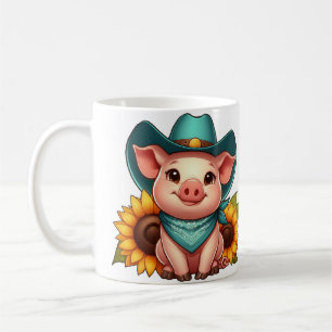 Caneca De Café Leitão Usando Chapéu de Cowboy com Girassóis