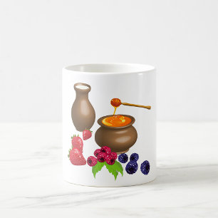 Caneca De Café Leite e Mel com Frutas Silvestres Comida Rústica