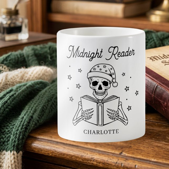 Caneca De Café Leitor da Meia-Noite Esqueleto de Leitura Divertid (Criador carregado)