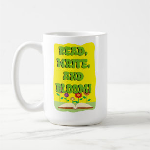 Caneca De Café Lema Feliz de Ler e Escrever Florir Bibliófilo